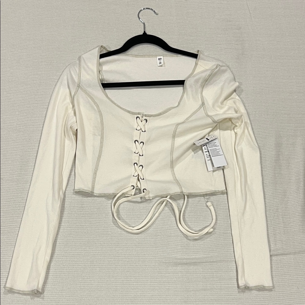 BP Ivory Lace-Up Long Sleeve Cropped Blouse